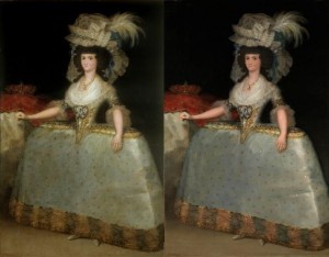 María Luisa de Parma con tontillo de Goya, Antes y después restauración Prado