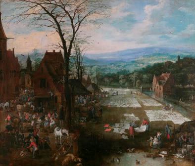Mercado y lavadero en Flandes. Jan Brueghel, el Viejo; Joos de Momper el Joven. Óleo sobre lienzo, 166 x 194 cm h. 1621 - 1622 Madrid, Museo Nacional del Prado
