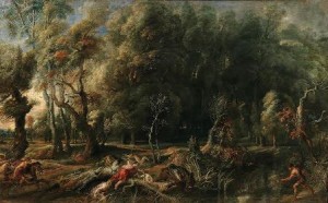 Atalanta y Meleagro cazando el jabalí de Caledonia.Pedro Pablo Rubens. Óleo sobre lienzo, 162 x 264 cm.h 1635 – 1636. Madrid, Museo Nacional del Prado