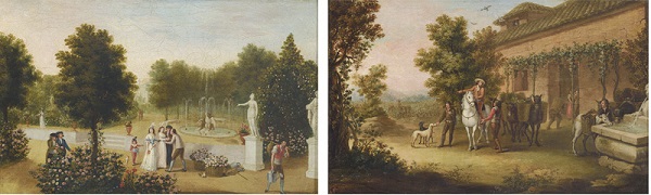 Lote 709: Antonio Carnicero (Salamanca, 1748- Madrid, 1814). Escena de vendimia y Escena de jardín. Pareja de óleos sobre lienzo, 29x 46.5 cm. Precio de salida: 80.000 euros