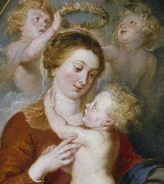 Pedro Pablo Rubens, La Virgen y el Niño en un cuadro rodeado de flores y frutas. Detalle